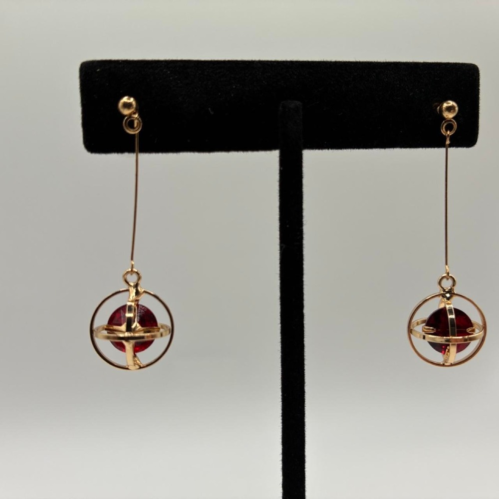 Gold Tone Orbital Drop Earrings with Red Gemstone Orb Celestial Jewelry